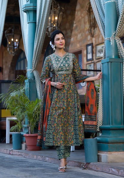 Women Teal & Blue Gotta Patti Paisley Print Pure Cotton Top with Bottom & Dupatta Set