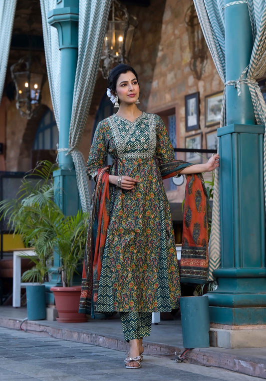 Women Teal & Blue Gotta Patti Paisley Print Pure Cotton Top with Bottom & Dupatta Set