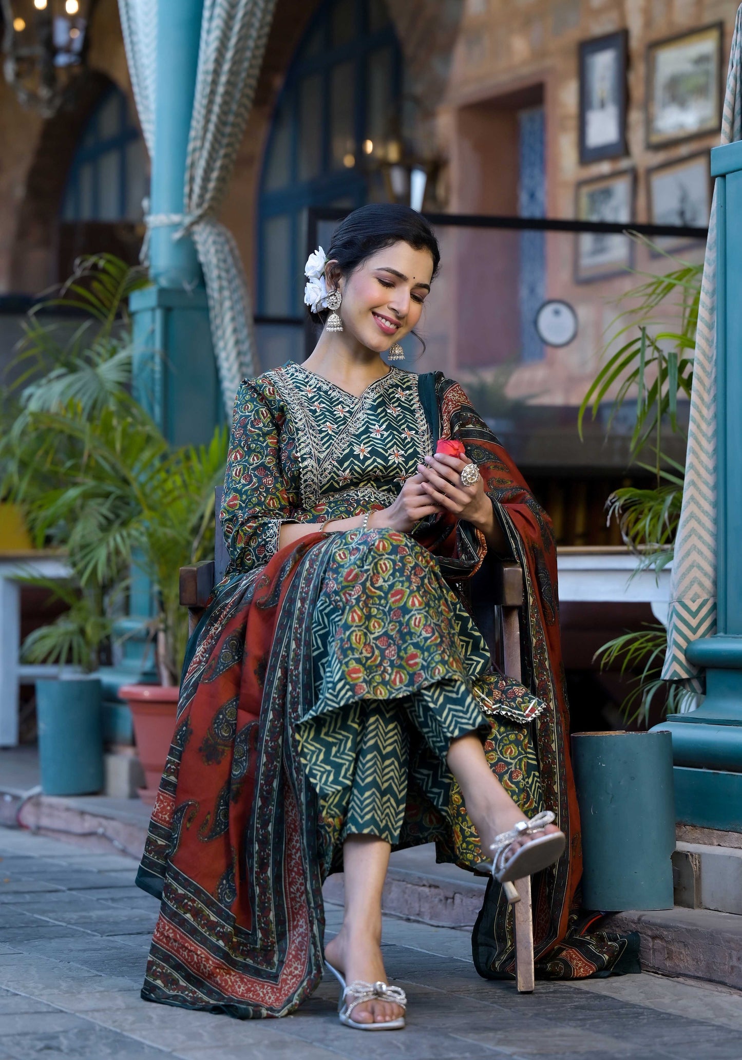 Women Teal & Blue Gotta Patti Paisley Print Pure Cotton Top with Bottom & Dupatta Set