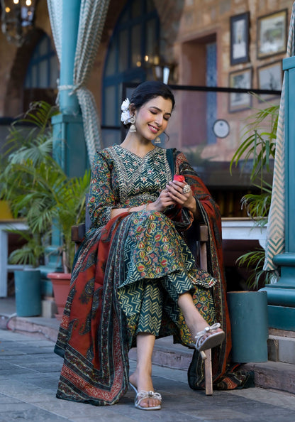 Women Teal & Blue Gotta Patti Paisley Print Pure Cotton Top with Bottom & Dupatta Set