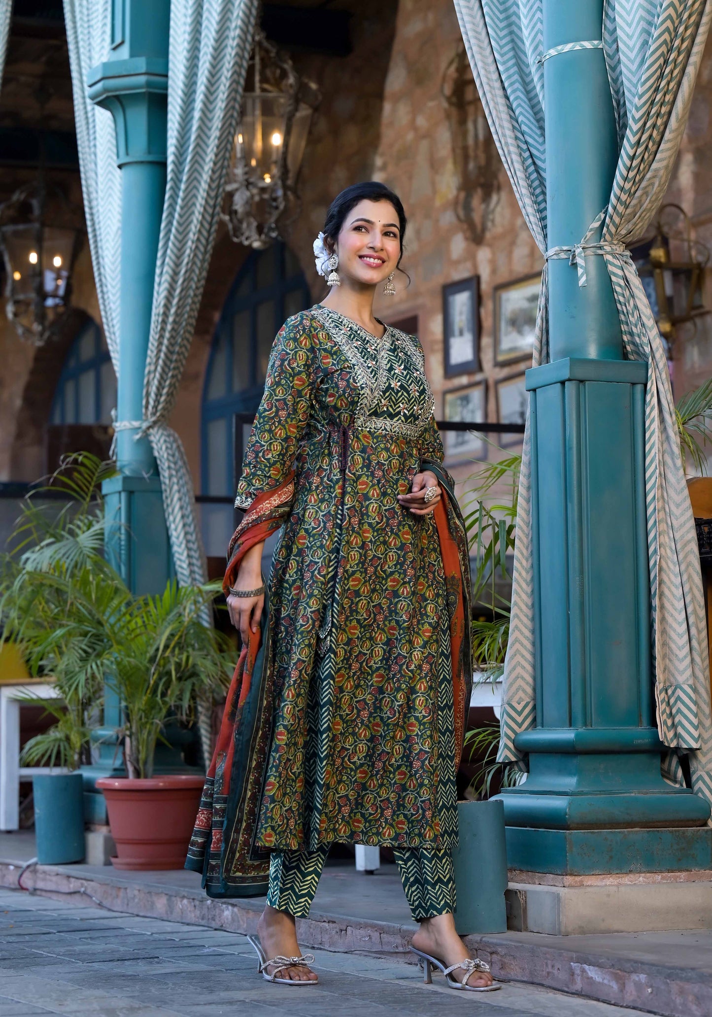 Women Teal & Blue Gotta Patti Paisley Print Pure Cotton Top with Bottom & Dupatta Set