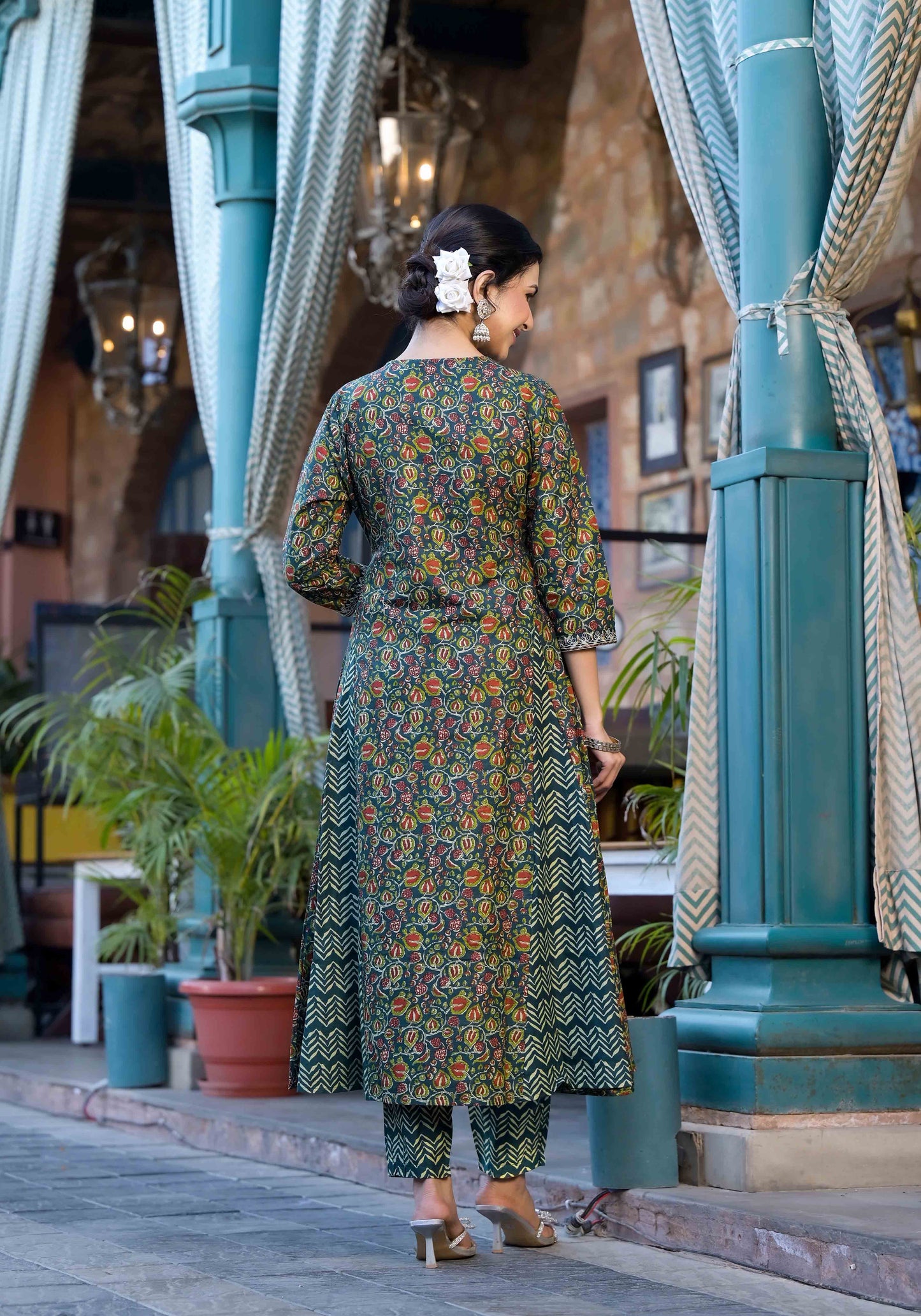 Women Teal & Blue Gotta Patti Paisley Print Pure Cotton Top with Bottom & Dupatta Set