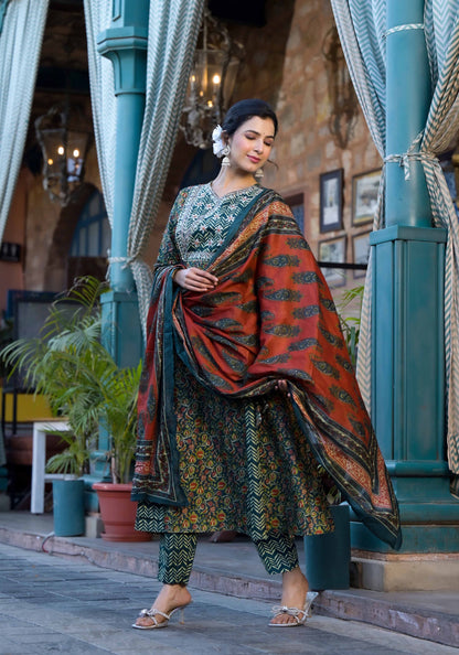 Women Teal & Blue Gotta Patti Paisley Print Pure Cotton Top with Bottom & Dupatta Set