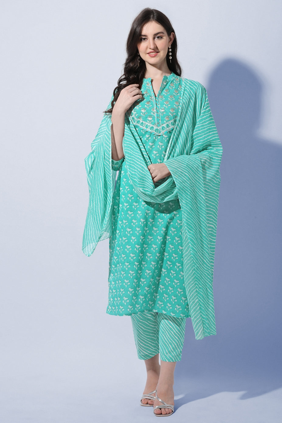 Women’s Floral Printed Kurta Pant Dupatta Set with Sequin & Gotta Patti Lace Work