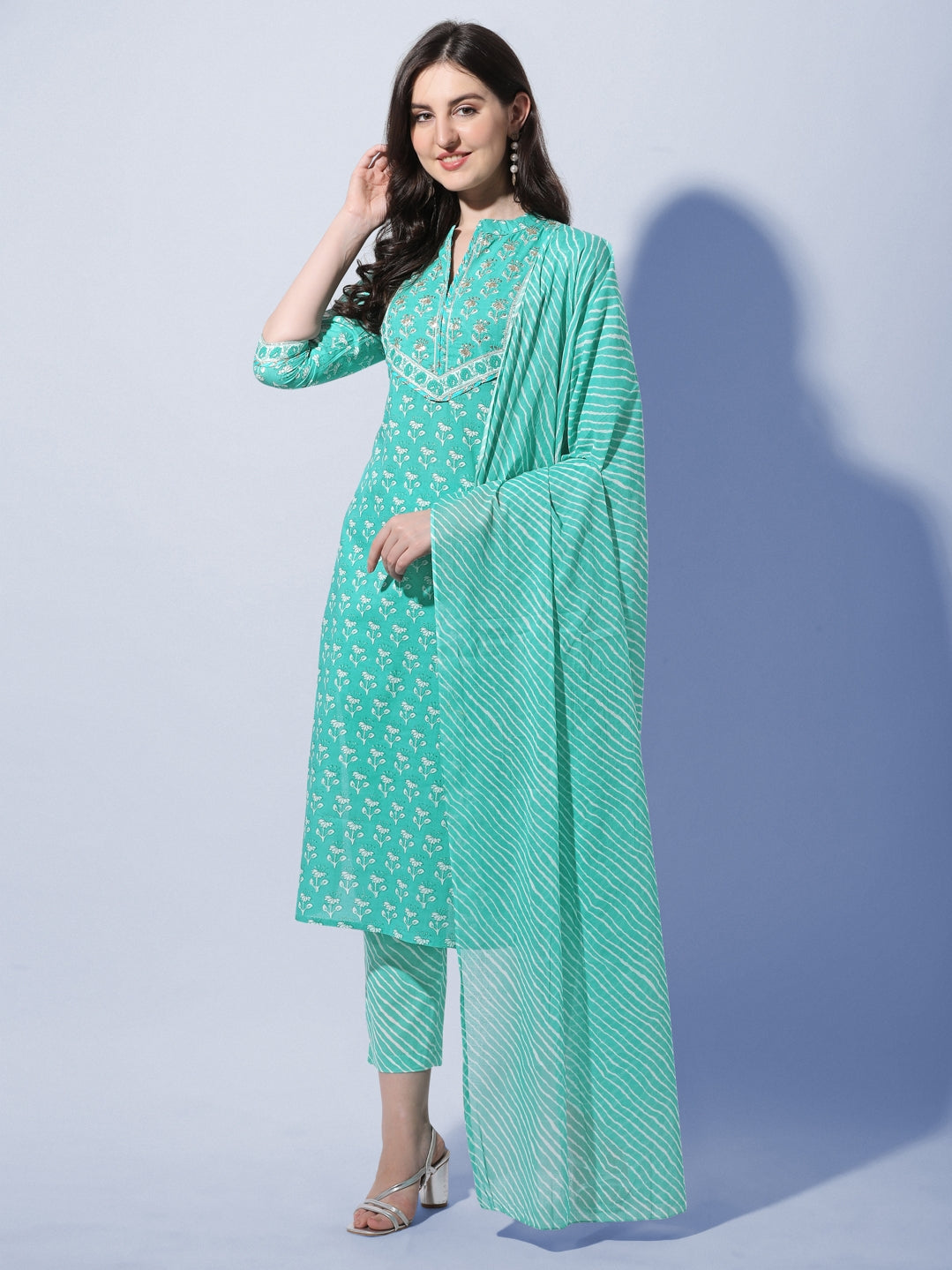 Women’s Floral Printed Kurta Pant Dupatta Set with Sequin & Gotta Patti Lace Work