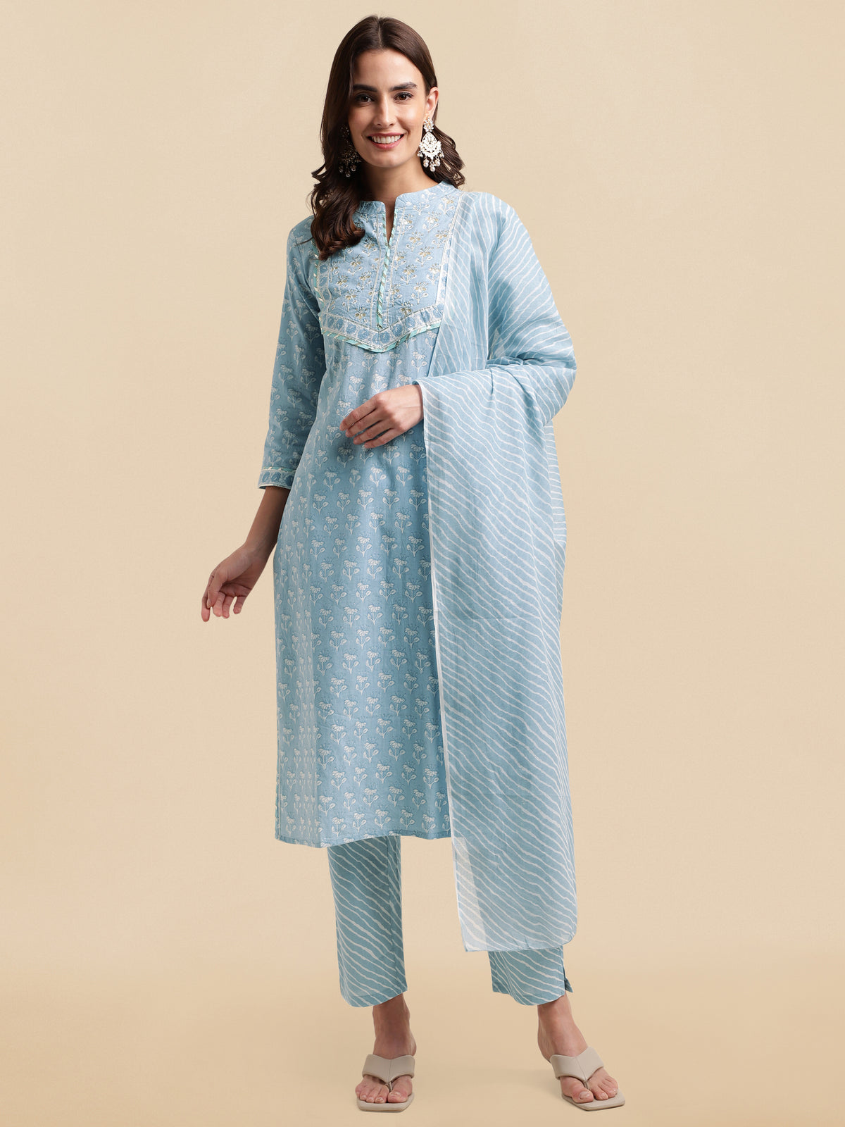 Women’s Floral Printed Kurta Pant Dupatta Set with Sequin & Gotta Patti Lace Work