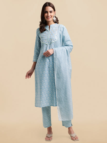 Women’s Floral Printed Kurta Pant Dupatta Set with Sequin & Gotta Patti Lace Work