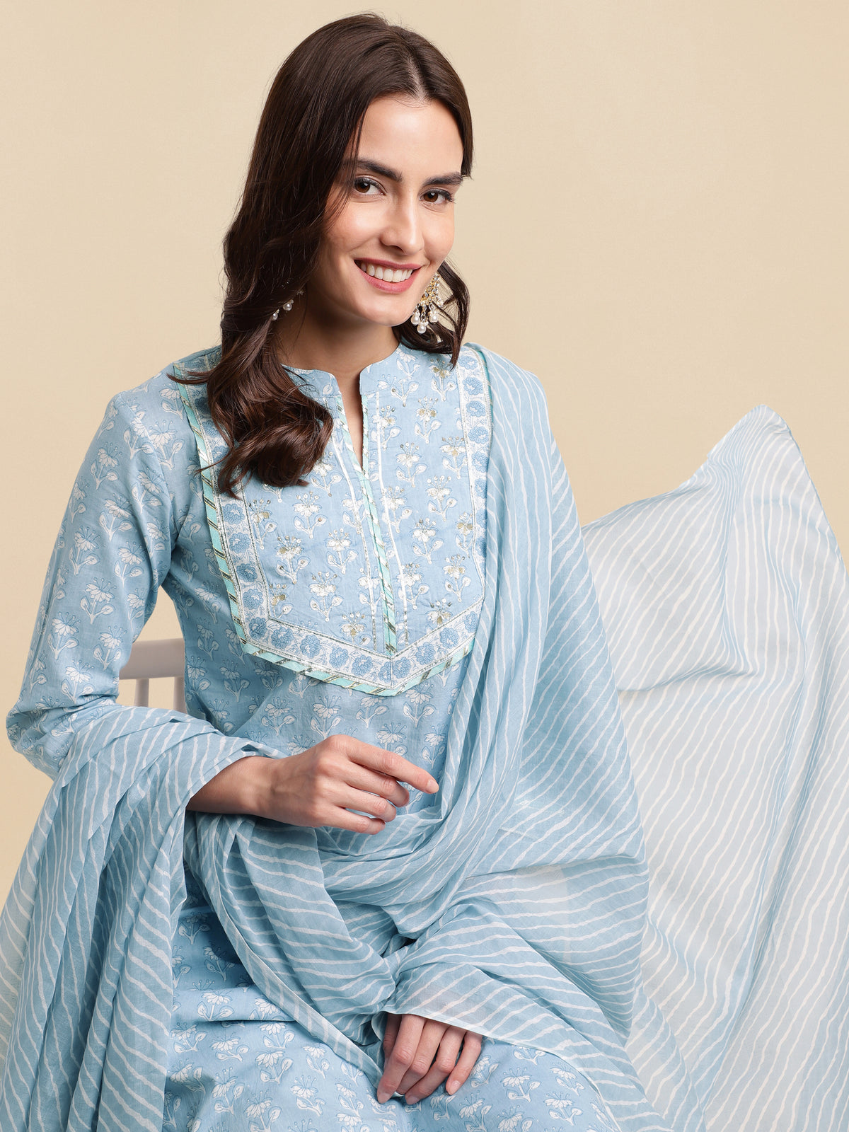 Women’s Floral Printed Kurta Pant Dupatta Set with Sequin & Gotta Patti Lace Work