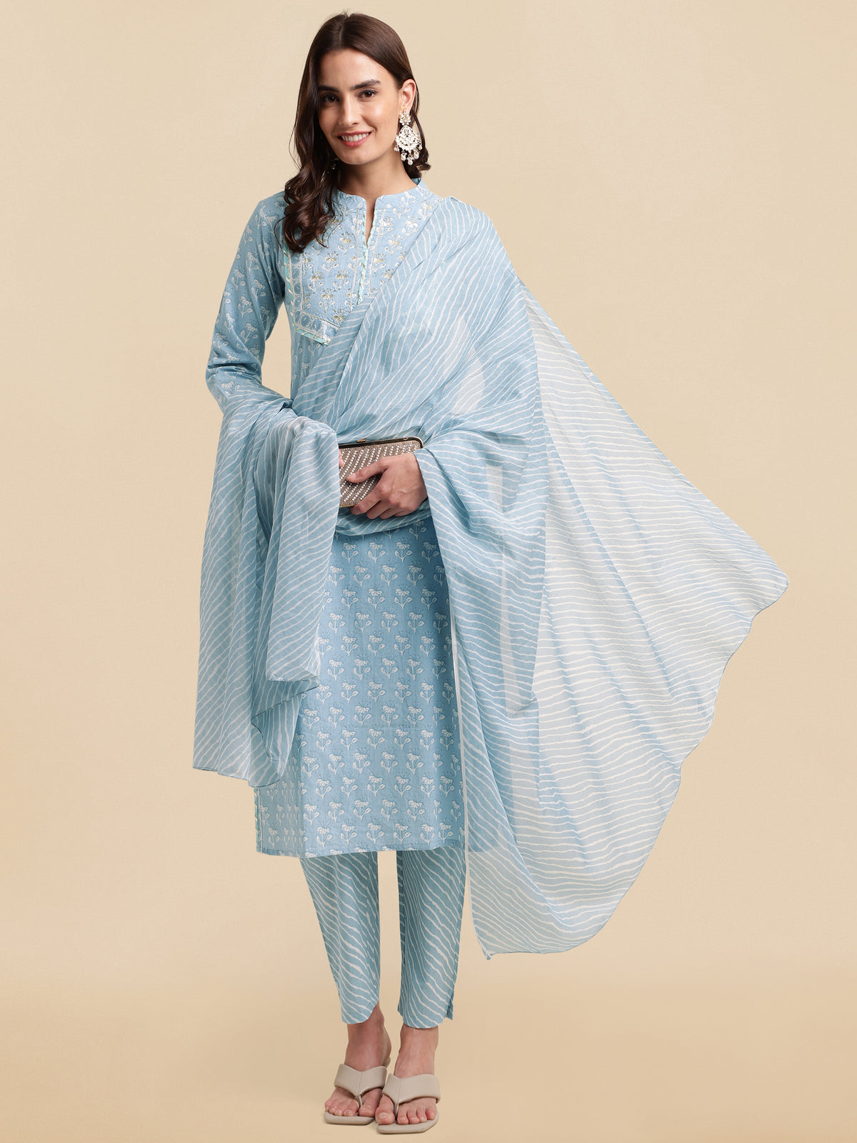 Women’s Floral Printed Kurta Pant Dupatta Set with Sequin & Gotta Patti Lace Work