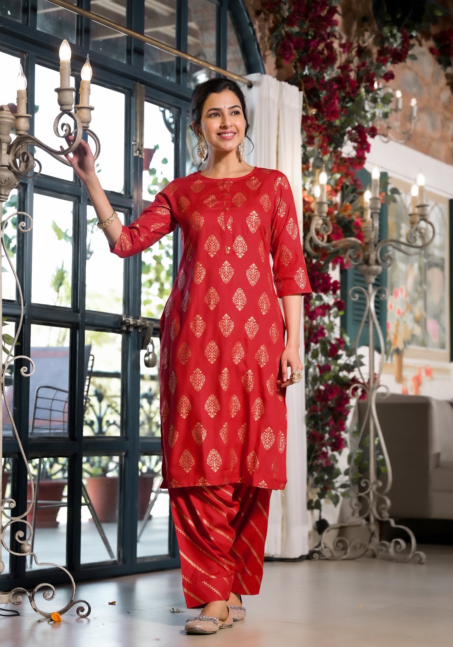 Elegant Rayon Foil Print Kurti with Dhoti Pant