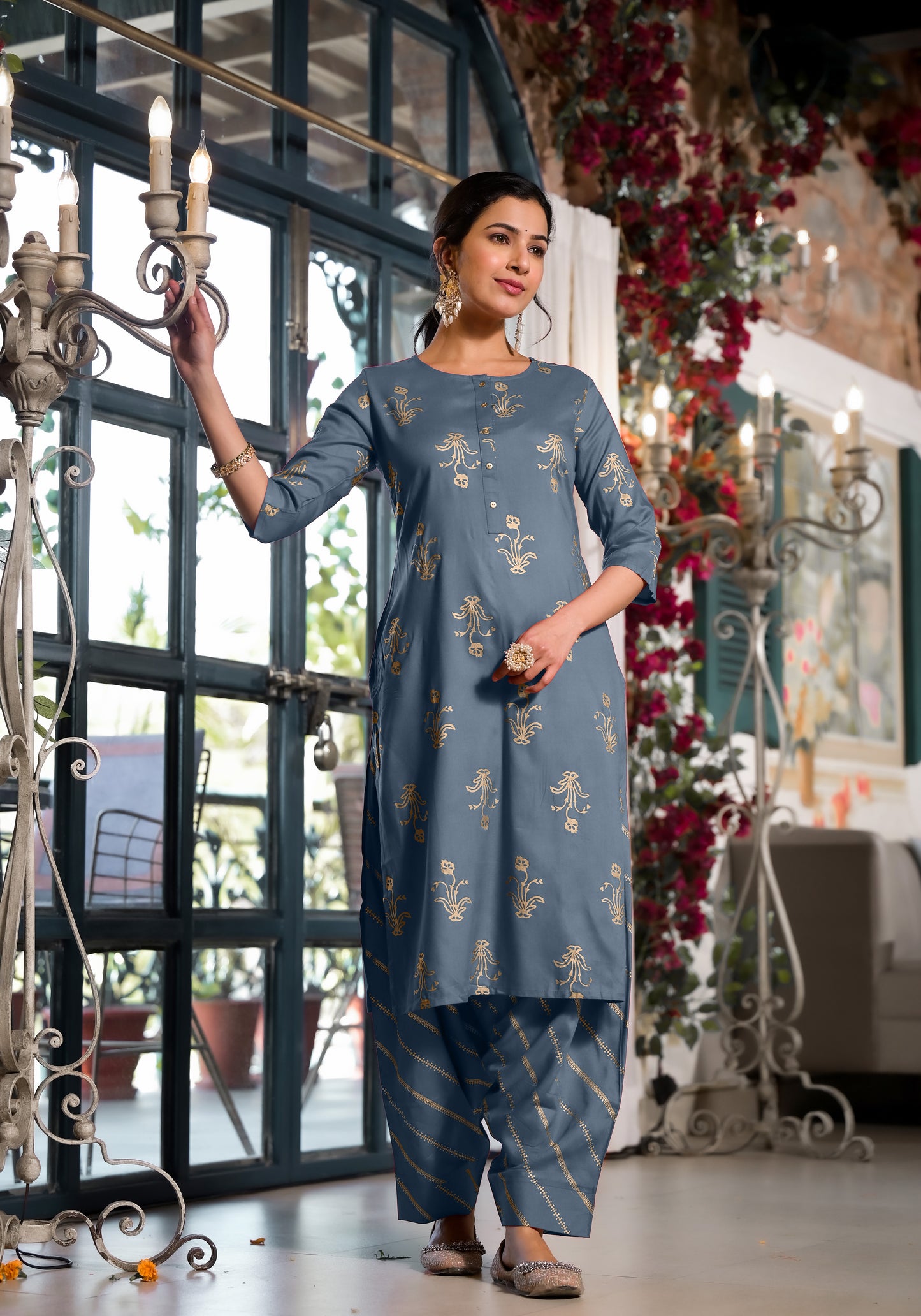 Elegant Rayon Foil Print Kurti with Dhoti Pant