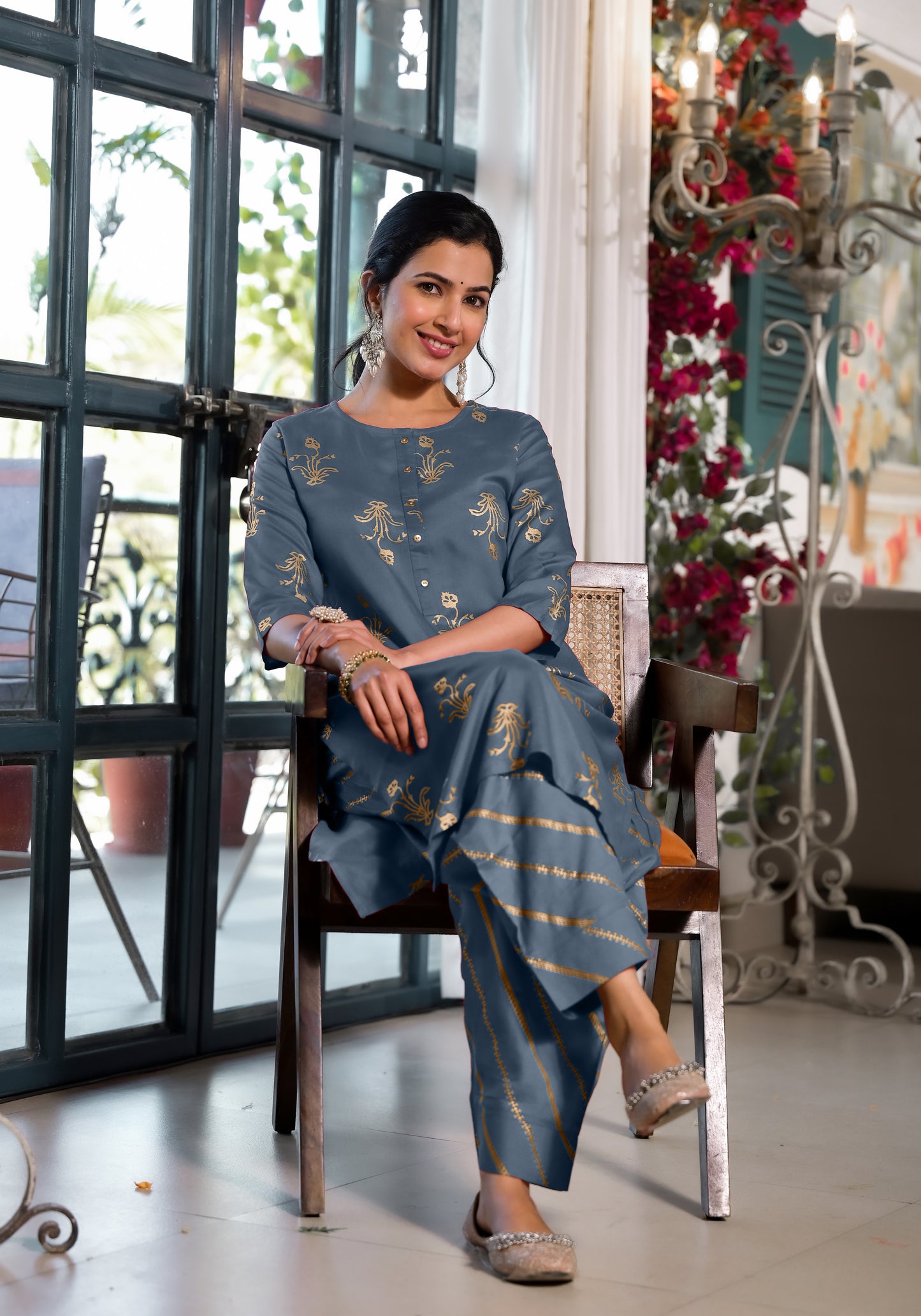 Elegant Rayon Foil Print Kurti with Dhoti Pant