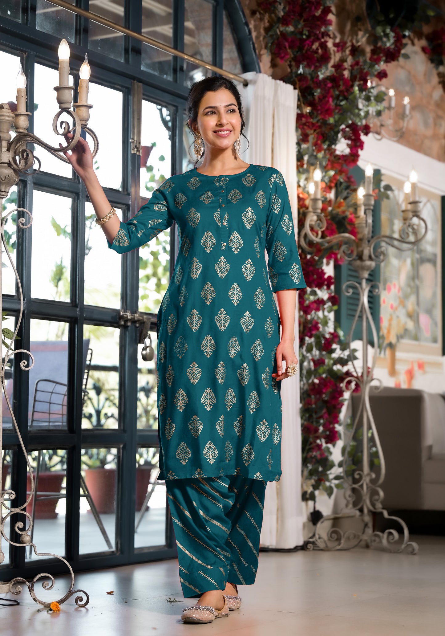 Elegant Rayon Foil Print Kurti with Dhoti Pant