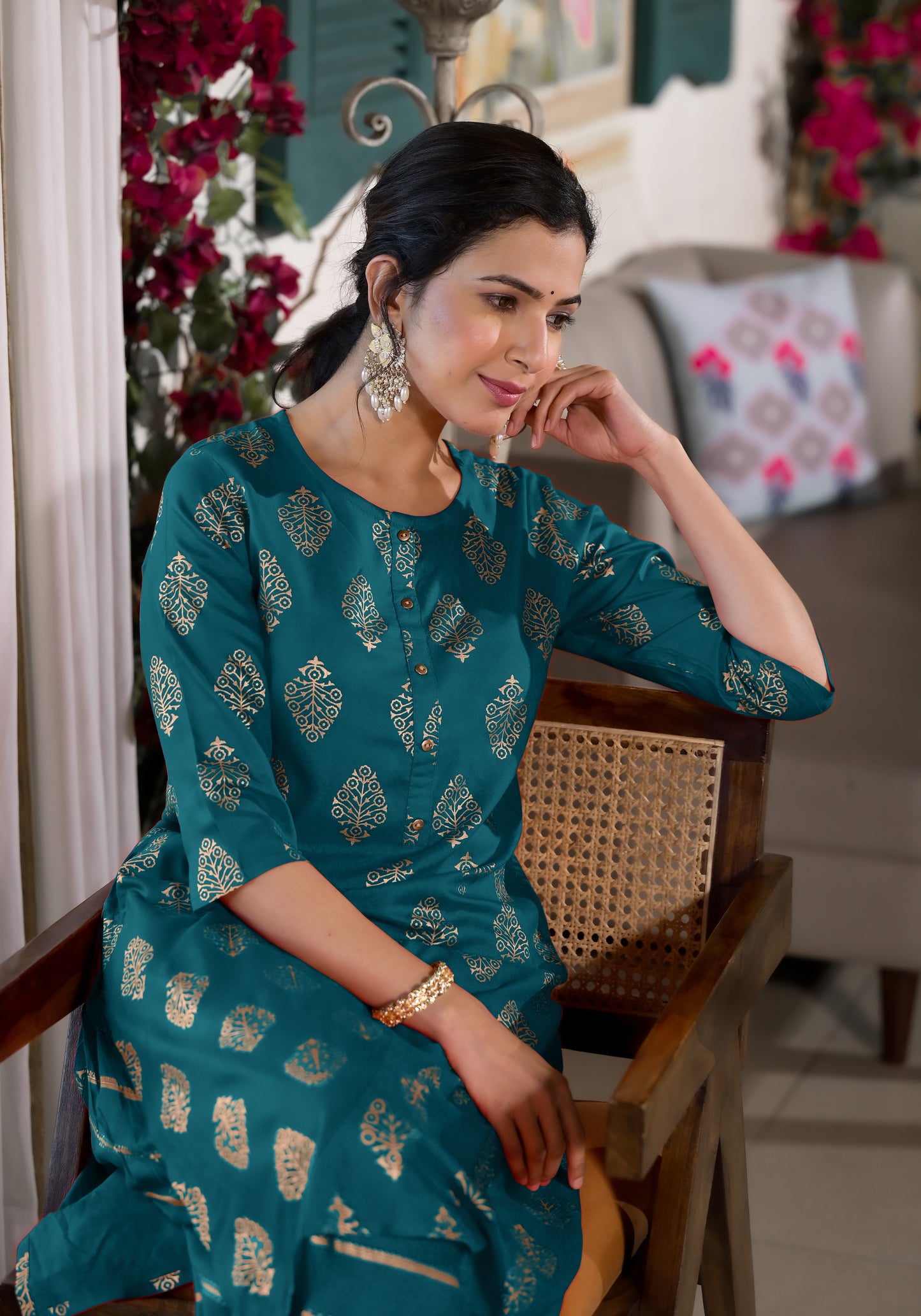 Elegant Rayon Foil Print Kurti with Dhoti Pant