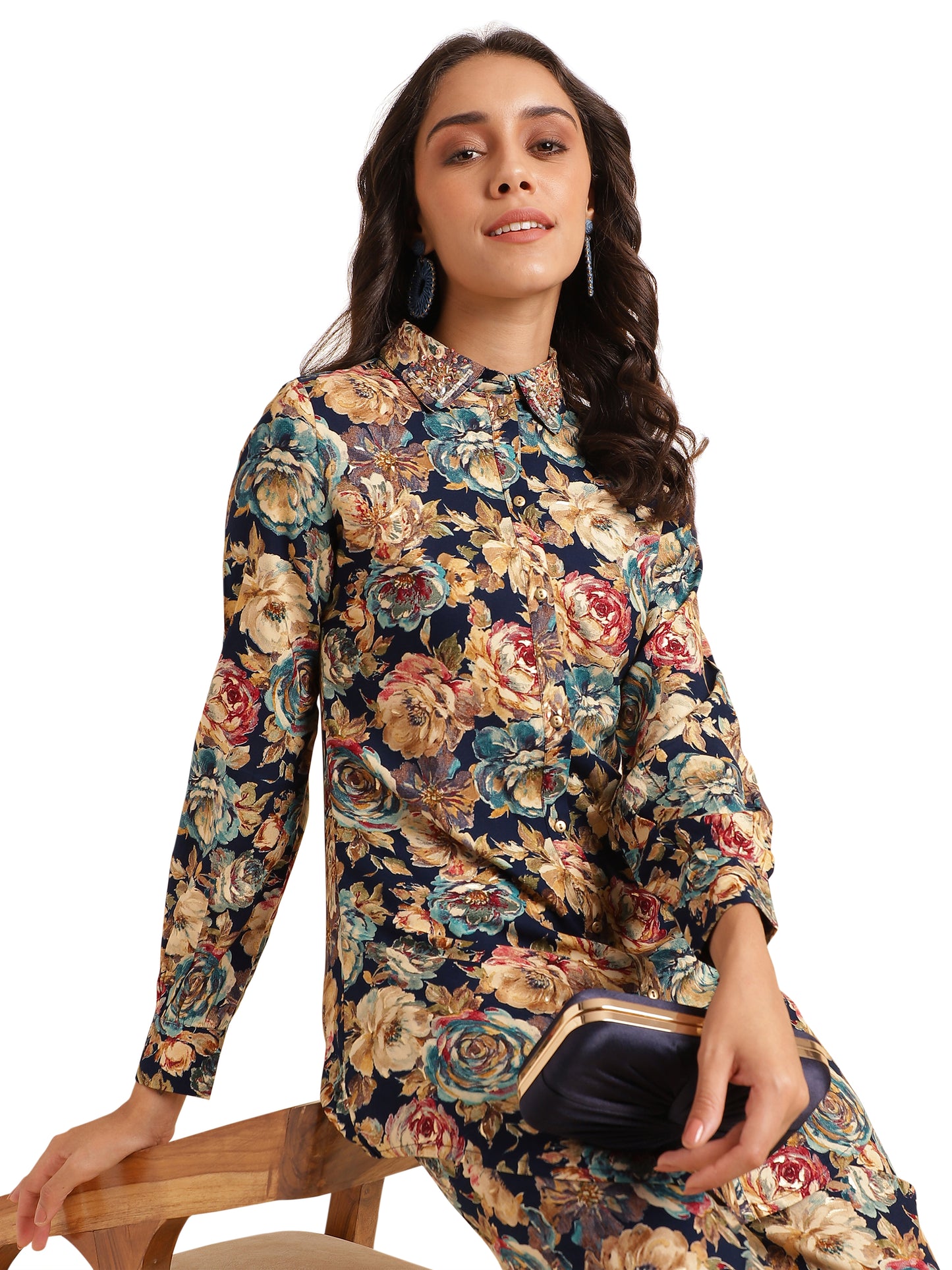 Elegant Foil & Floral Print Rayon Co-Ord Set