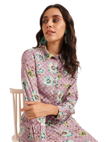 Elegant Floral Print With Hand Work Rayon Co-Ord Set