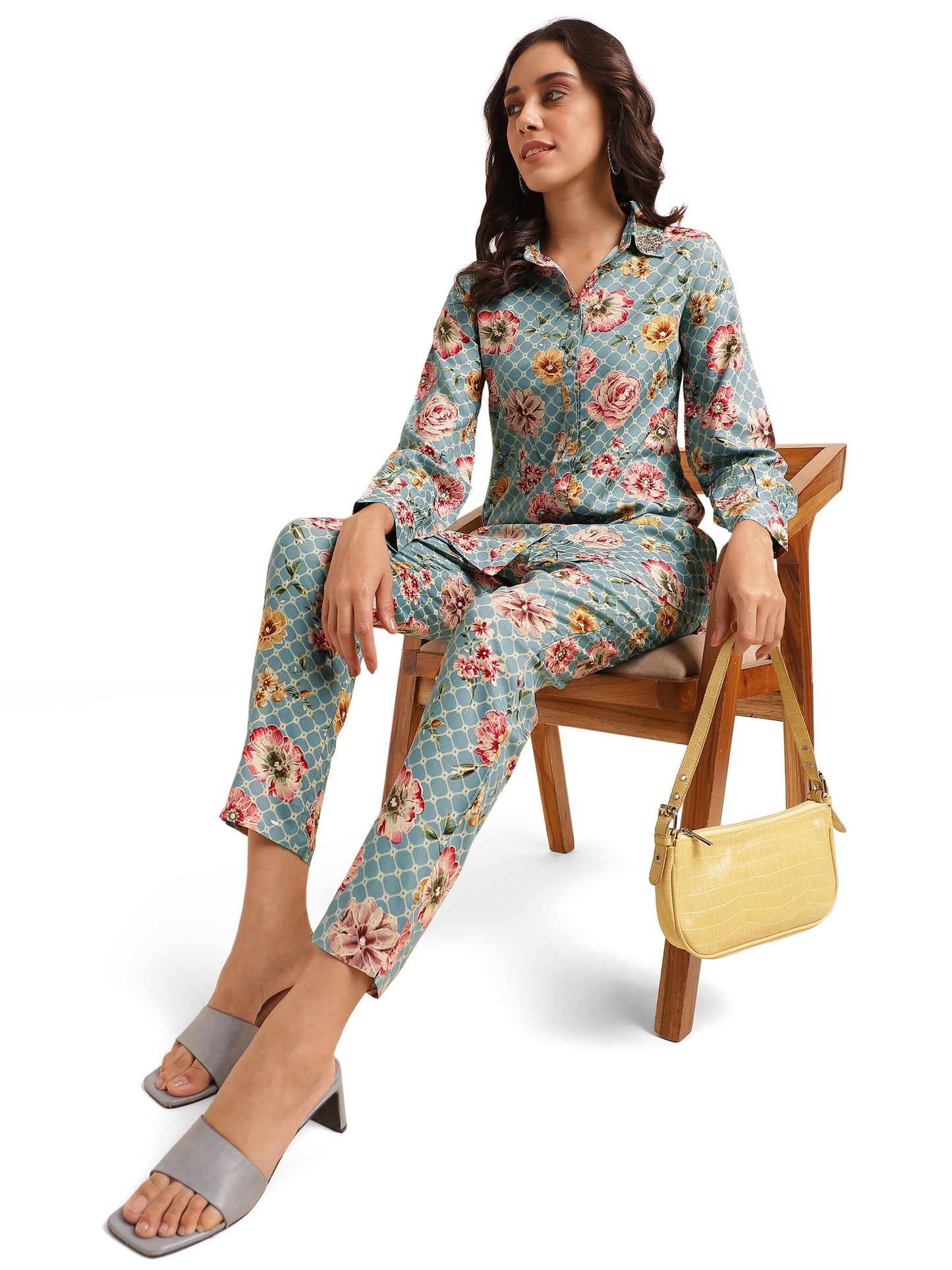 Elegant Floral Print With Hand Work Rayon Co-Ord Set