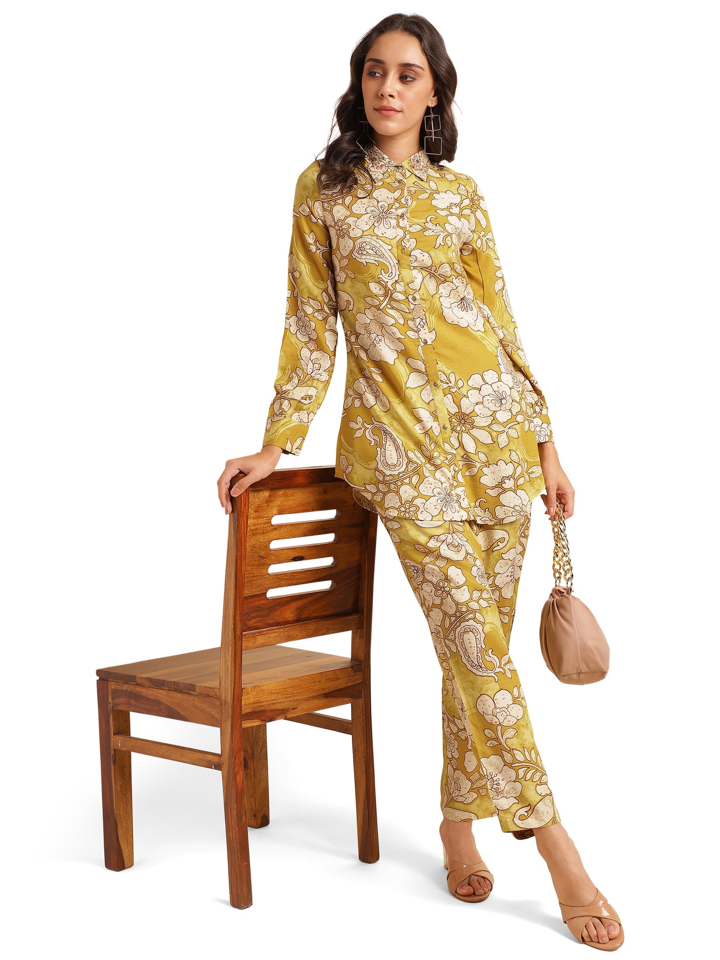 Elegant Floral Print With Hand Work Rayon Co-Ord Set