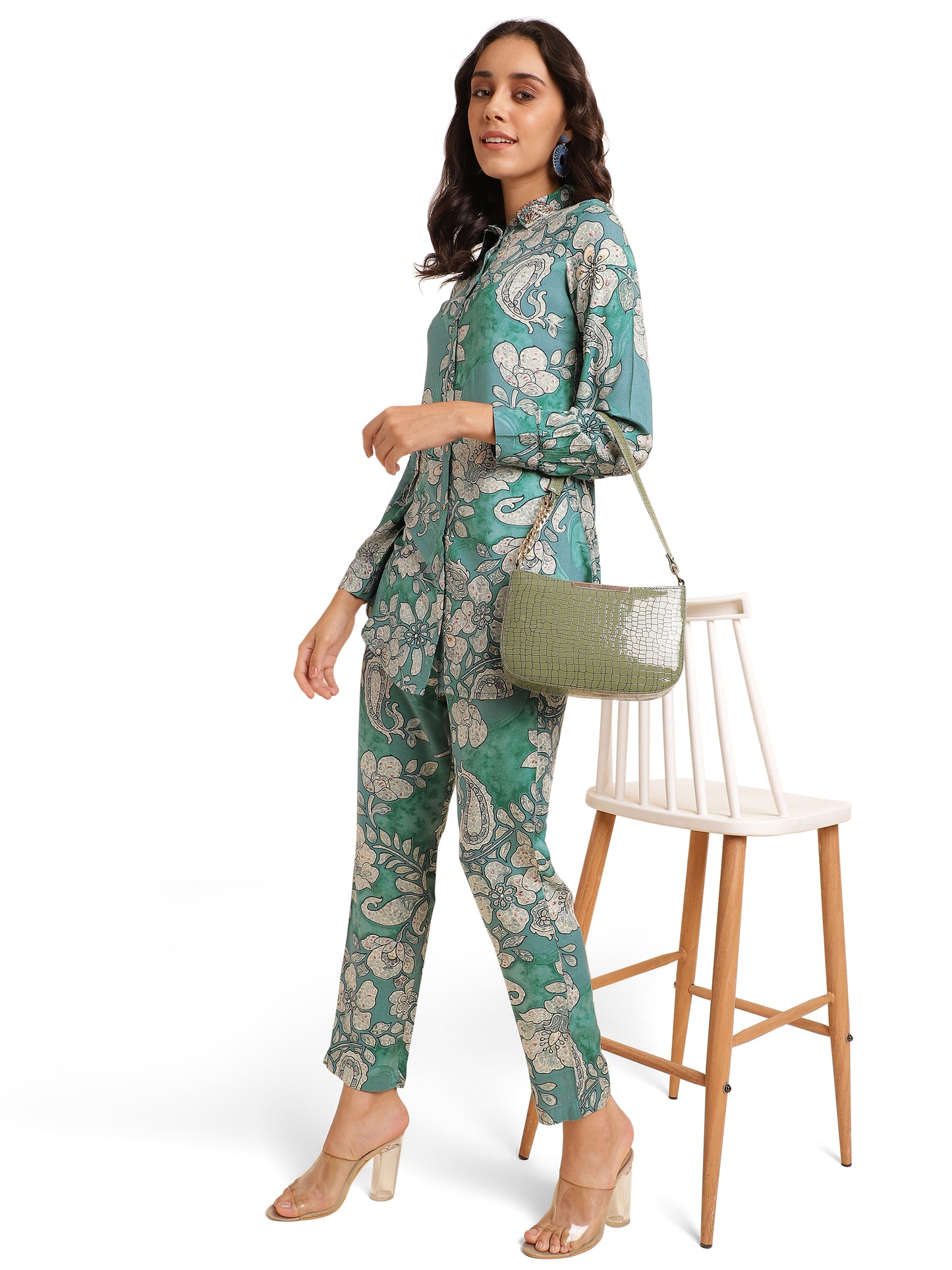 Elegant Floral Print With Hand Work Rayon Co-Ord Set