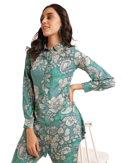 Elegant Floral Print With Hand Work Rayon Co-Ord Set