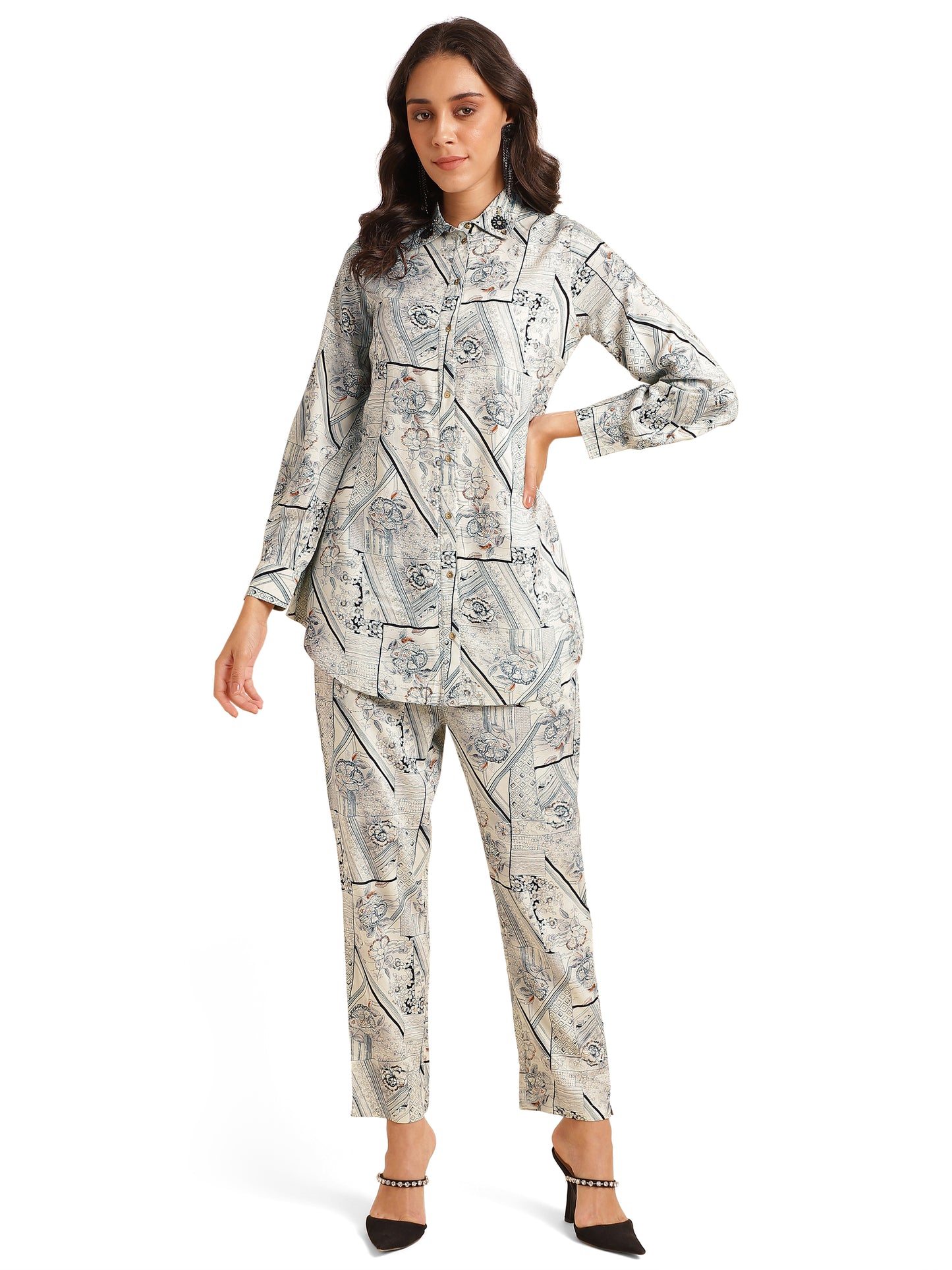 Elegant Foil & Floral Print With Hand Work Rayon Co-Ord Set