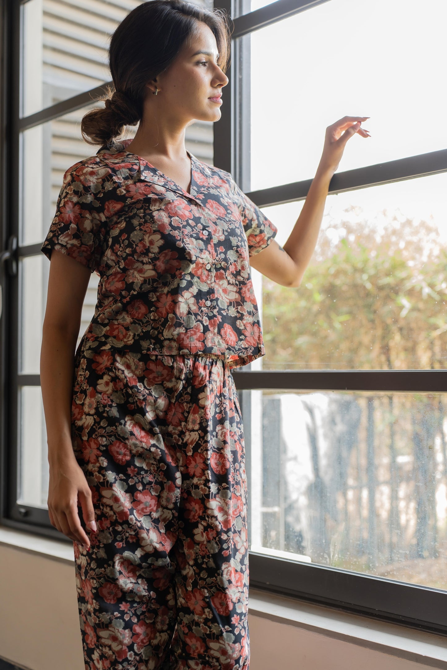 Black Floral Print Night Suit