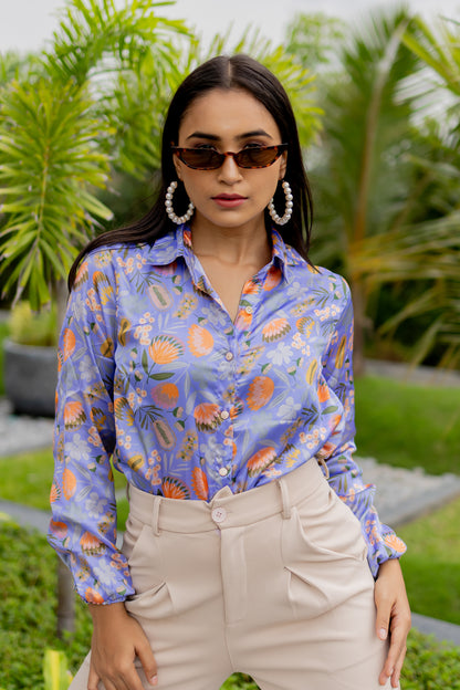 Purple Floral Print Satin Shirt