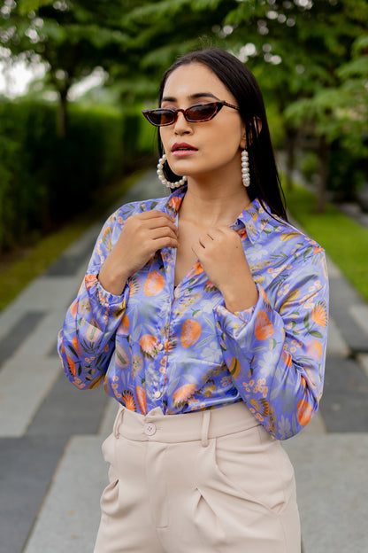 Purple Floral Print Satin Shirt