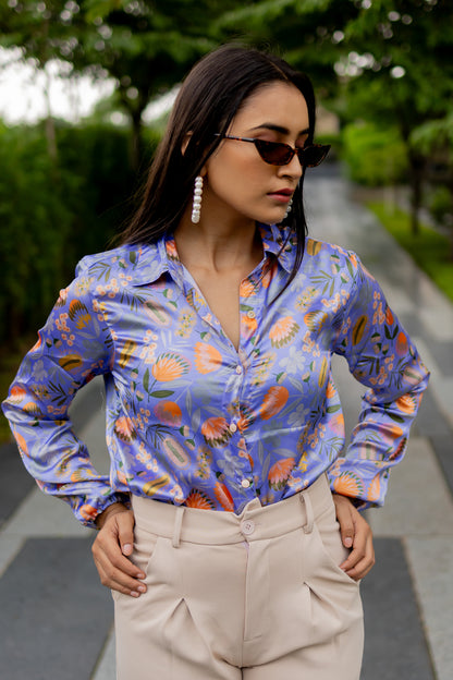 Purple Floral Print Satin Shirt