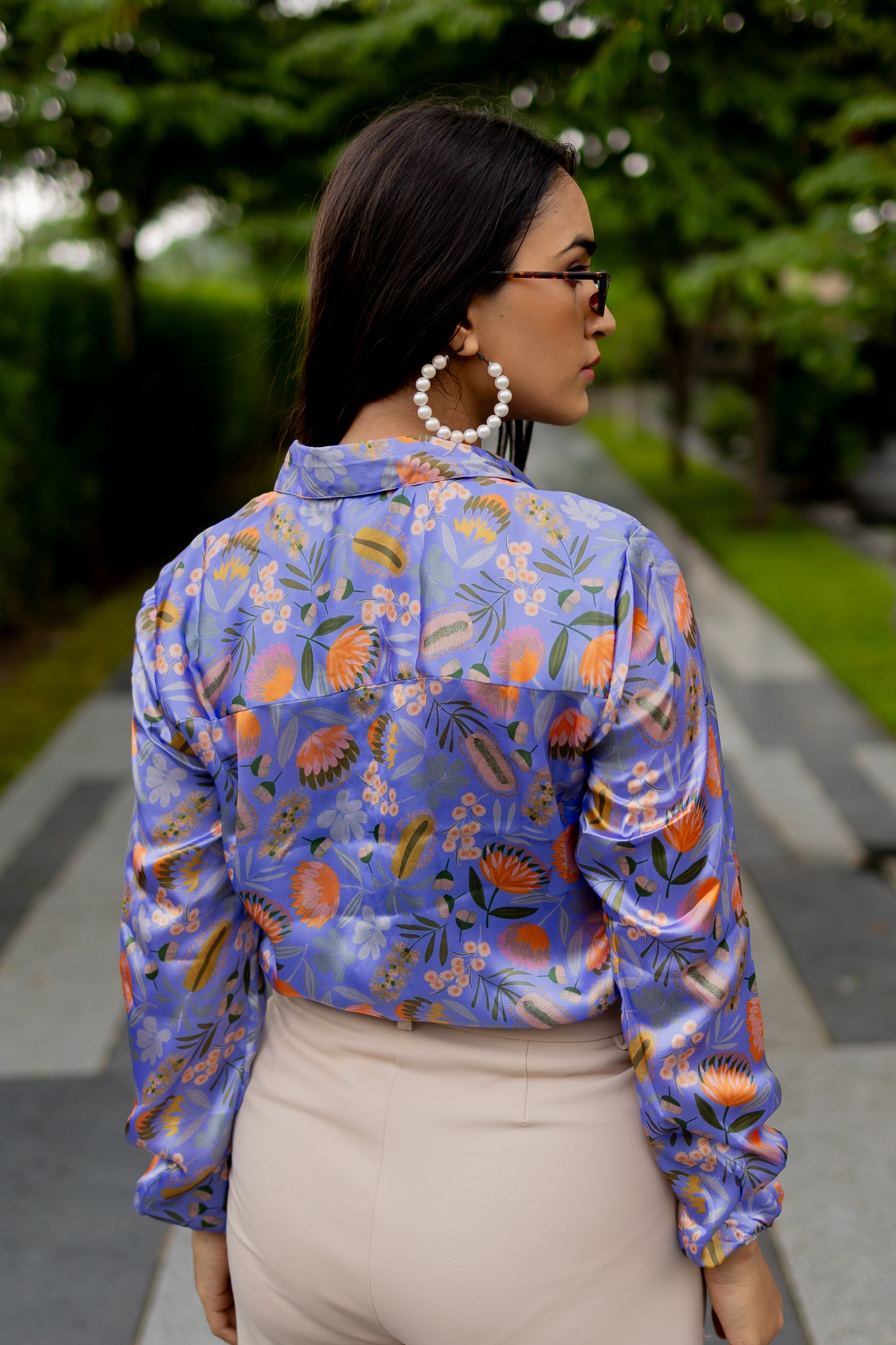 Purple Floral Print Satin Shirt