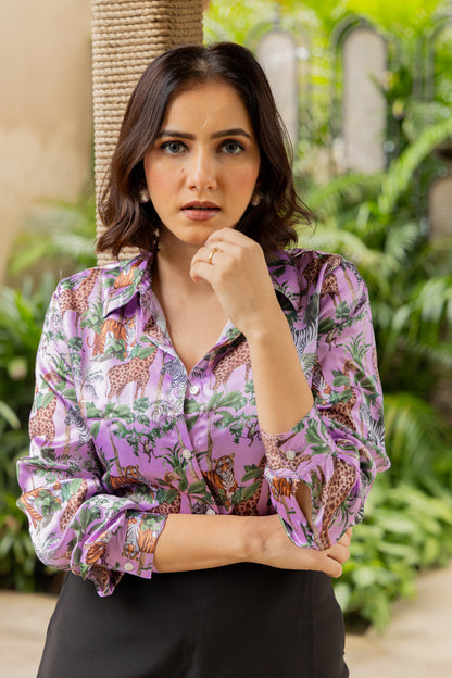 Wild Animal Floral Printed Elegance Satin Shirt