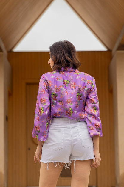 Exotic Birds Floral Printed Satin Shirt with pearl embellishments