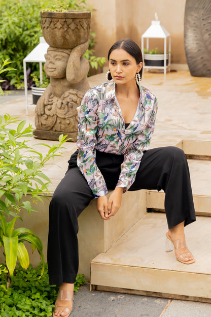 Exotic Floral & Birds Printed Satin Shirt