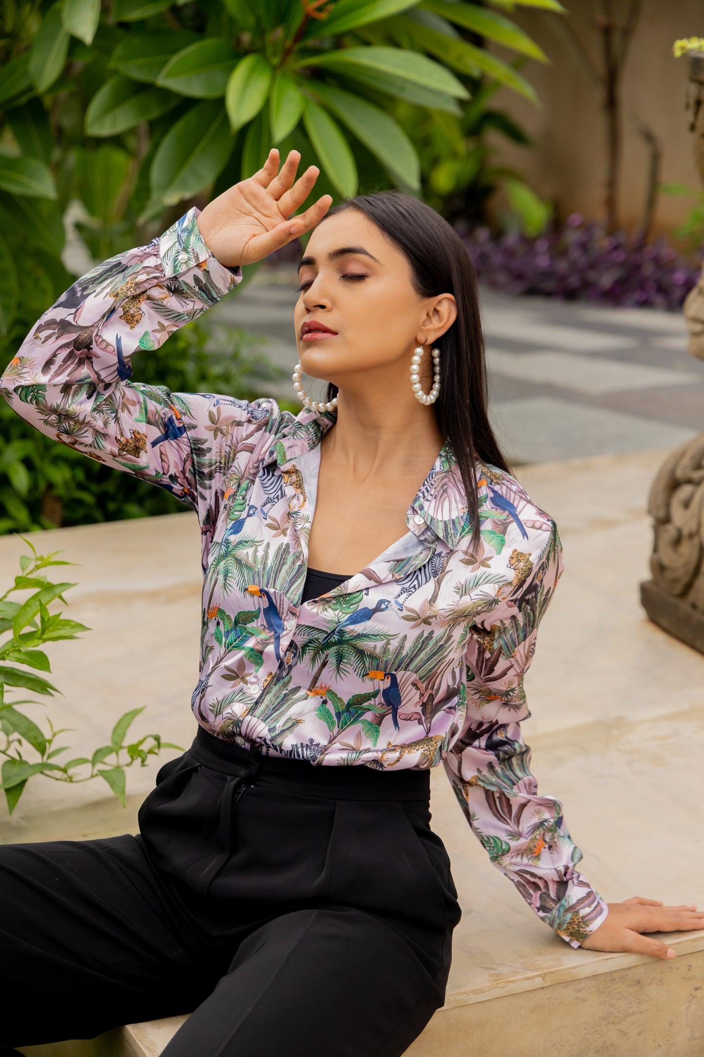 Exotic Floral & Birds Printed Satin Shirt