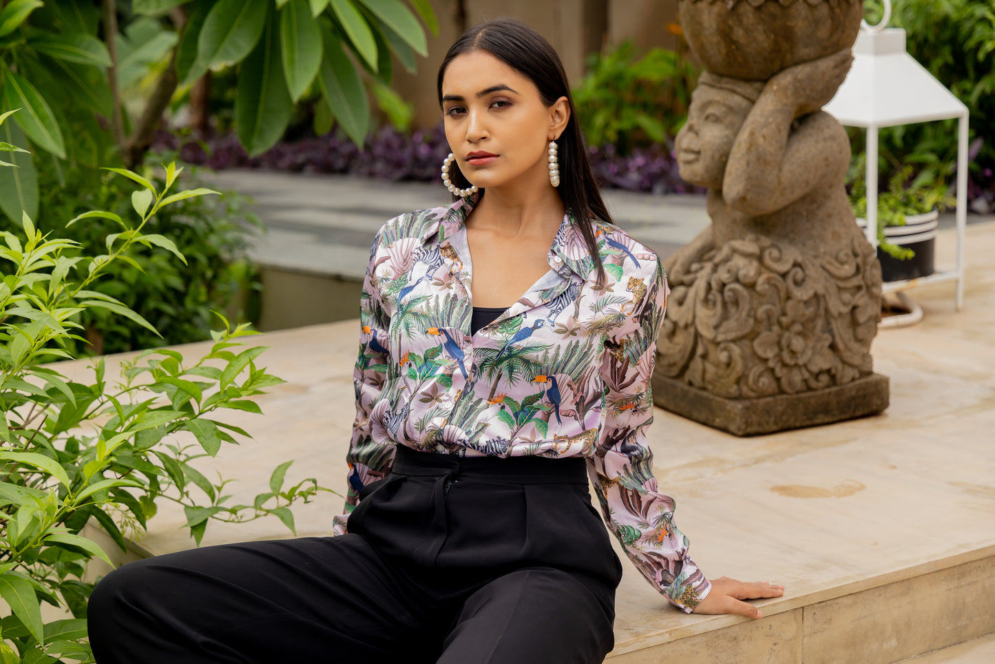 Exotic Floral & Birds Printed Satin Shirt