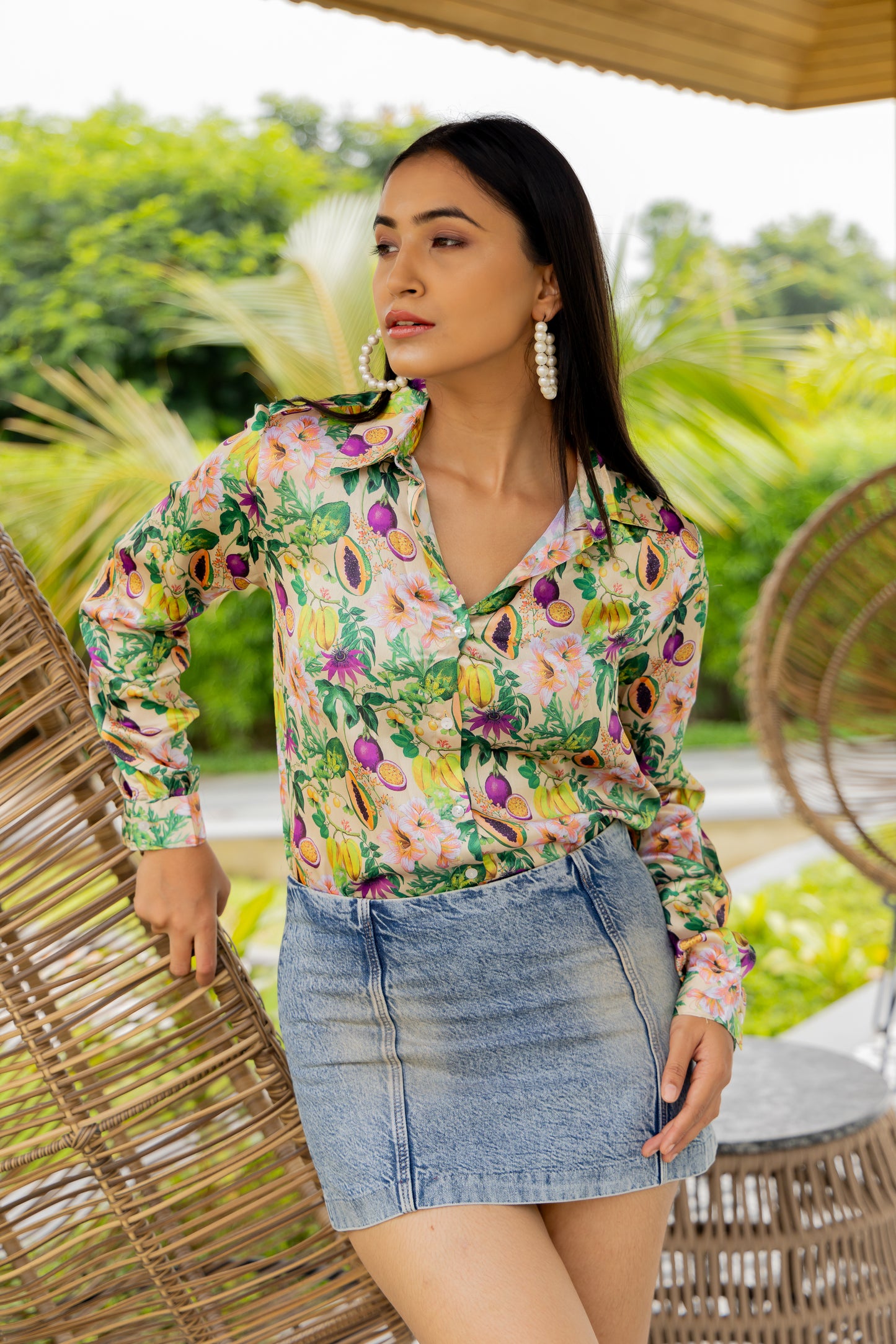 Tropical Papaya Floral Print Satin Shirt