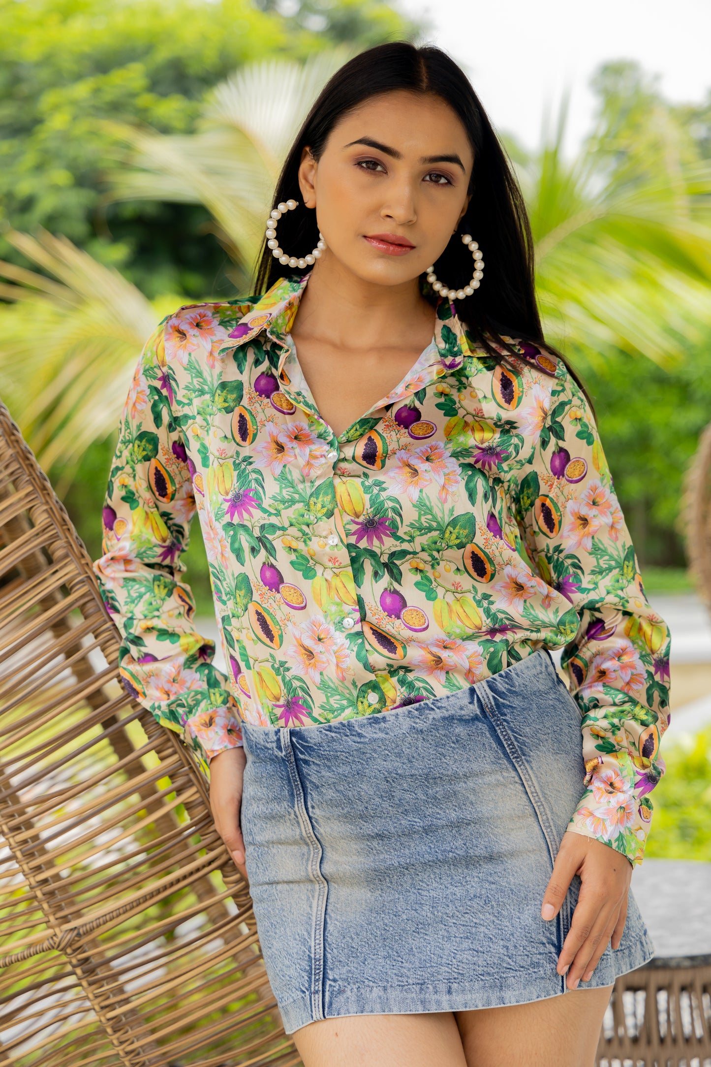 Tropical Papaya Floral Print Satin Shirt