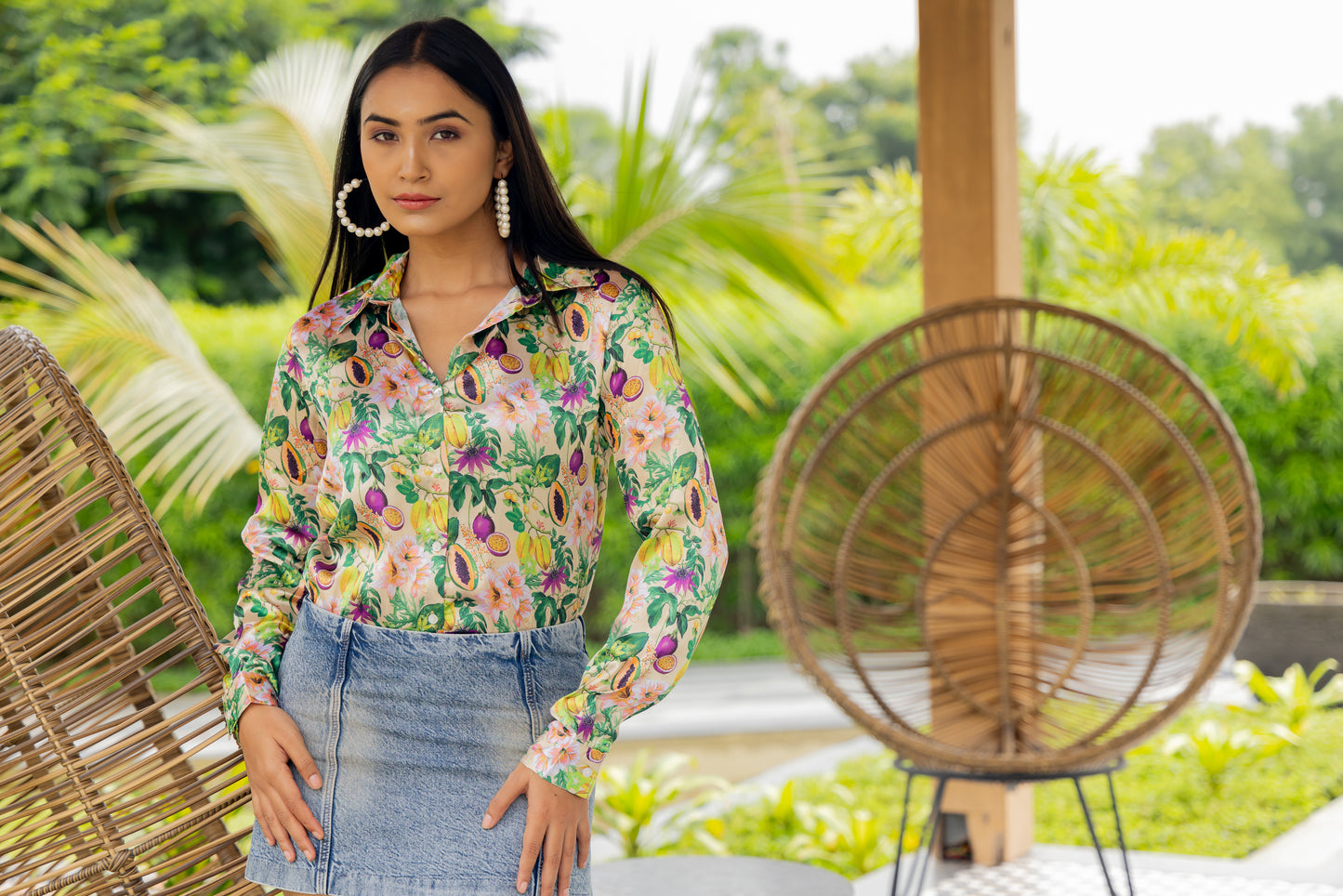 Tropical Papaya Floral Print Satin Shirt