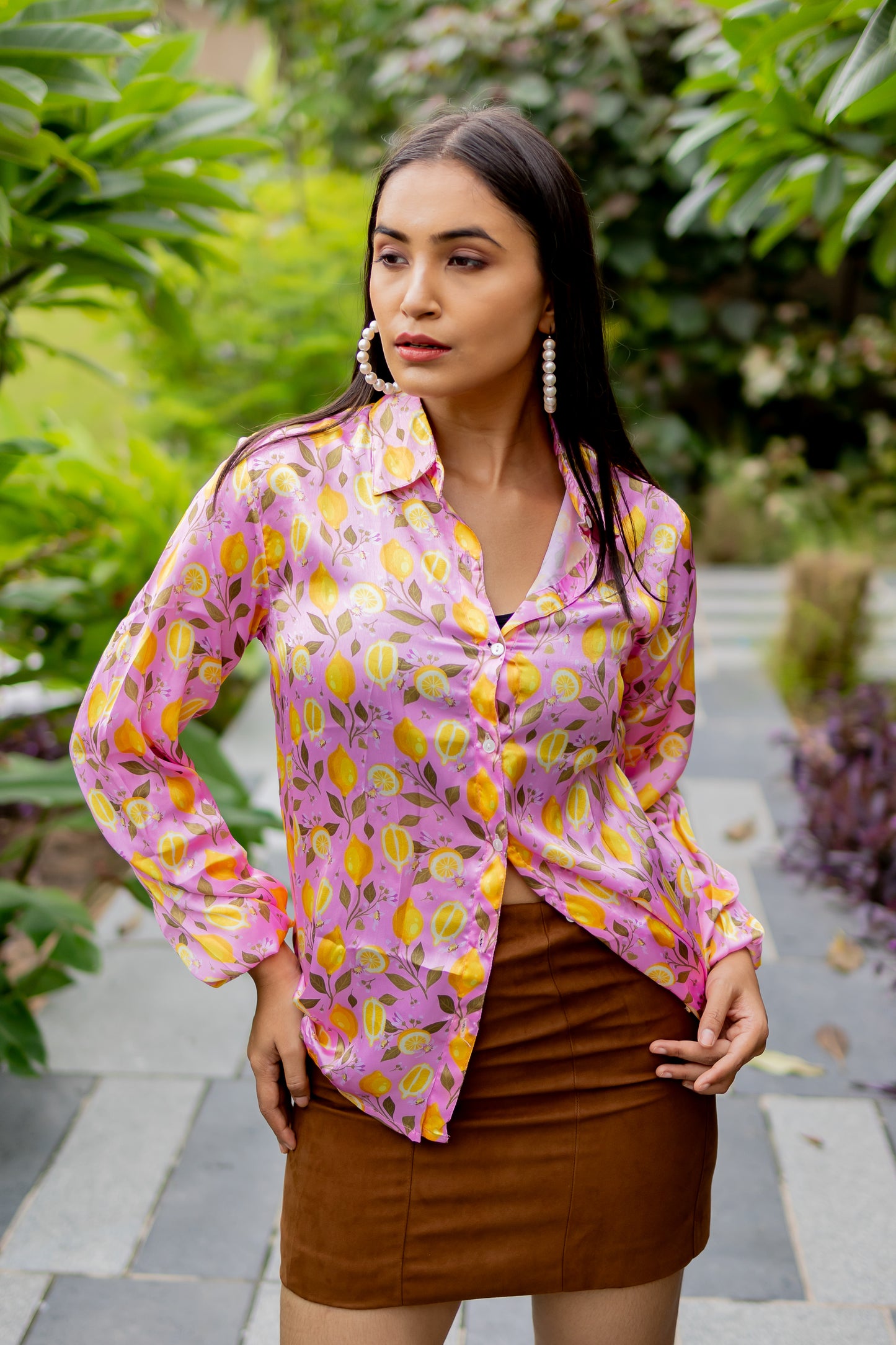 Lemon Floral Print Satin Shirt