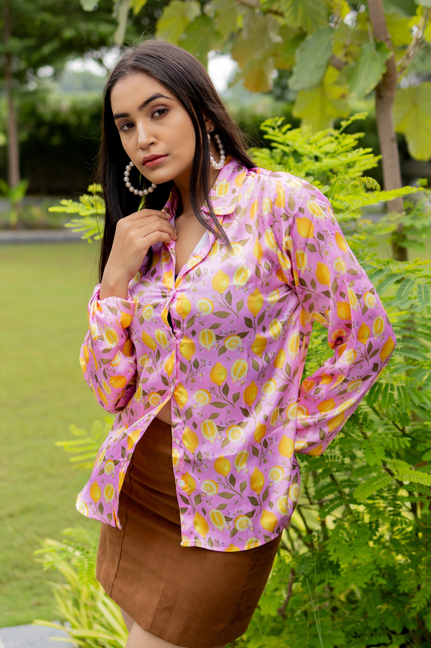 Lemon Floral Print Satin Shirt