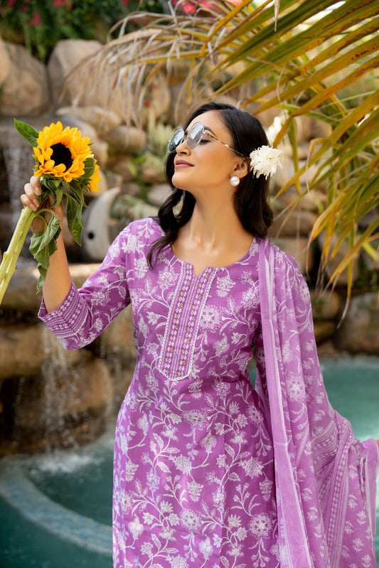 Trendy Cotton Floral Print Kurta Set with dupatta