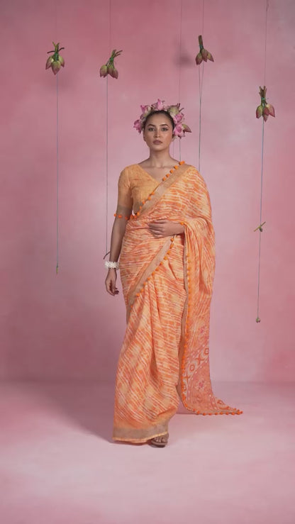 Beautiful Stripe & Geometric Printed Cotton linen Saree