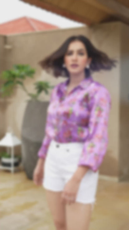 Exotic Birds Floral Printed Satin Shirt with pearl embellishments